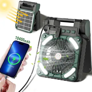 Solar Powered Portable Camping Fan,10400mAh rechargeable Solar Power Cordless Battery Fan with LED Lantern | 4 Wind Speeds Adjustable | 3 Timers Modes | Quiet , Perfect for Tent, Fishing ,Picnic