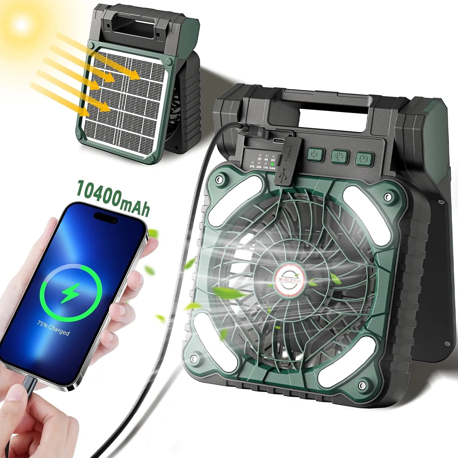 Solar Powered Portable Camping Fan,10400mAh rechargeable Solar Power Cordless Battery Fan with LED Lantern | 4 Wind Speeds Adjustable | 3 Timers Modes | Quiet , Perfect for Tent, Fishing ,Picnic