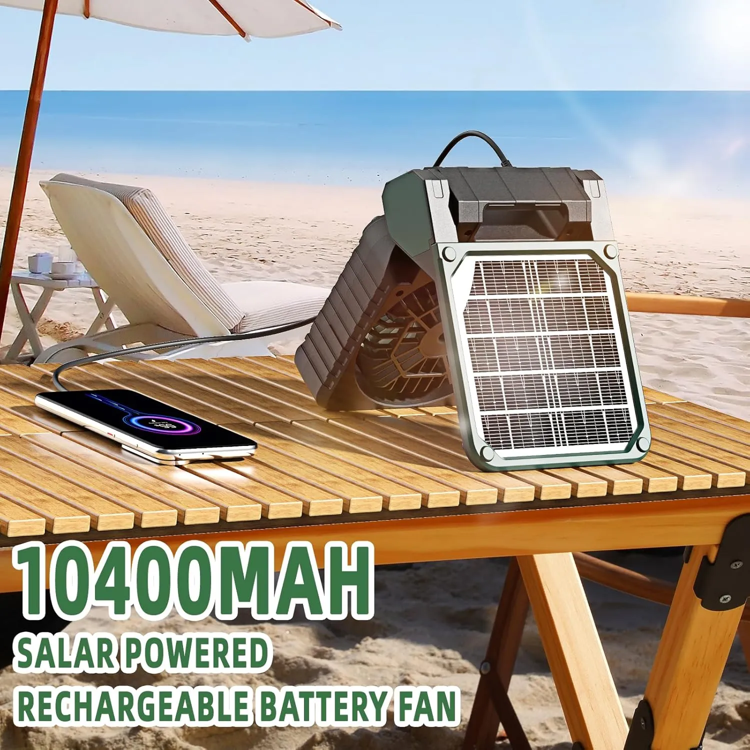 Solar Powered Portable Camping Fan,10400mAh rechargeable Solar Power Cordless Battery Fan with LED Lantern | 4 Wind Speeds Adjustable | 3 Timers Modes | Quiet , Perfect for Tent, Fishing ,Picnic