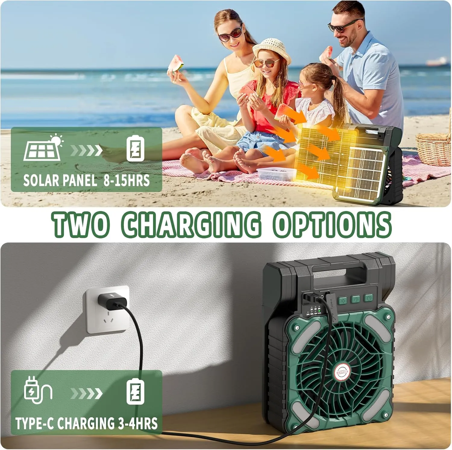 Solar Powered Portable Camping Fan,10400mAh rechargeable Solar Power Cordless Battery Fan with LED Lantern | 4 Wind Speeds Adjustable | 3 Timers Modes | Quiet , Perfect for Tent, Fishing ,Picnic