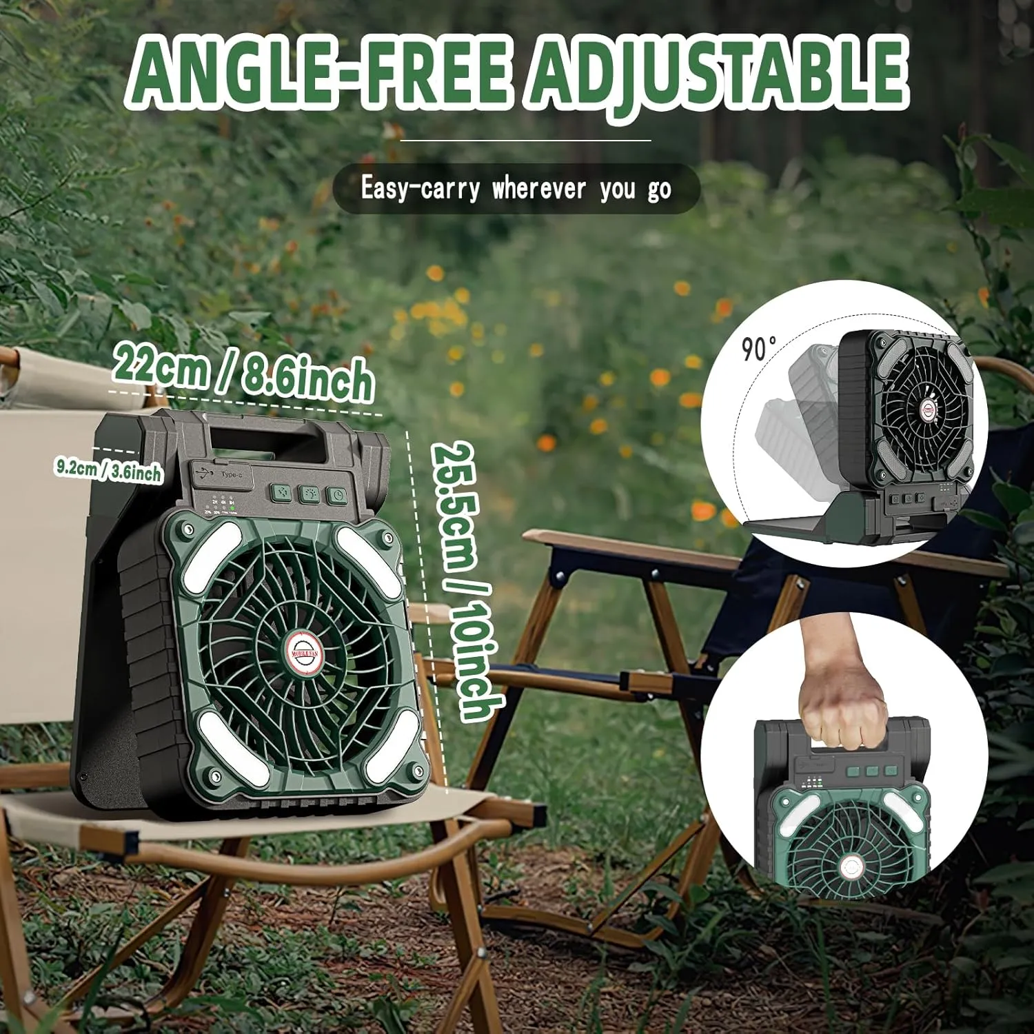 Solar Powered Portable Camping Fan,10400mAh rechargeable Solar Power Cordless Battery Fan with LED Lantern | 4 Wind Speeds Adjustable | 3 Timers Modes | Quiet , Perfect for Tent, Fishing ,Picnic