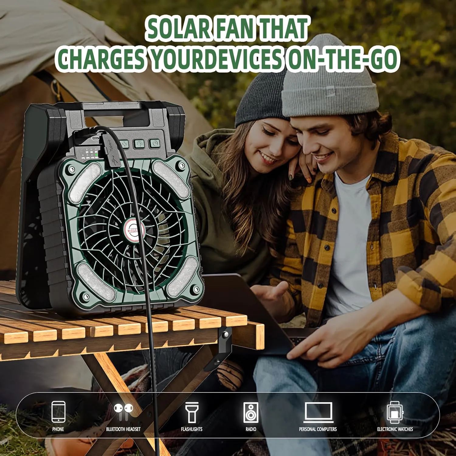 Solar Powered Portable Camping Fan,10400mAh rechargeable Solar Power Cordless Battery Fan with LED Lantern | 4 Wind Speeds Adjustable | 3 Timers Modes | Quiet , Perfect for Tent, Fishing ,Picnic