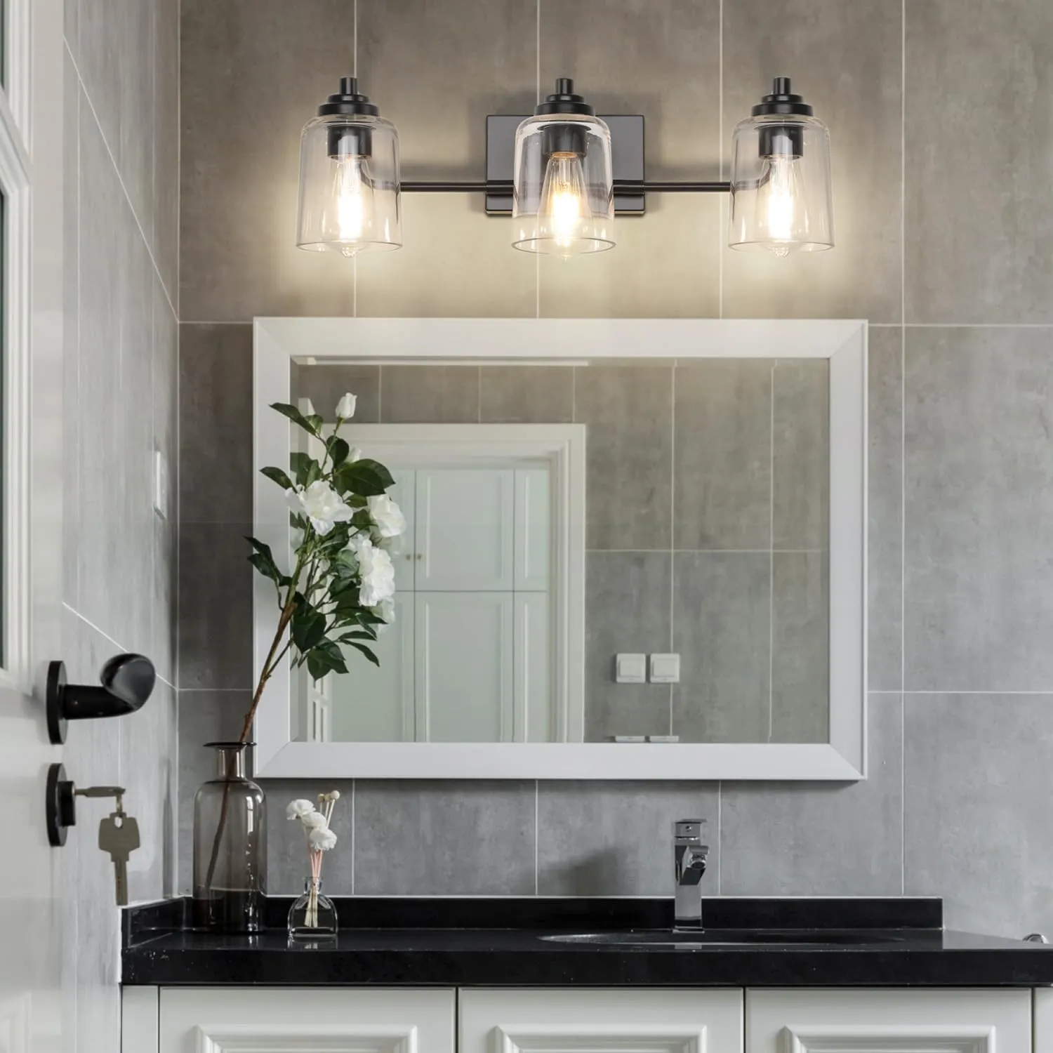SOLFART 3 Lights Bathroom Light Fixtures Over Mirror Black Vanity Lights for Bathroom Wall Lights for Bathroom Matte Black Mirror Light