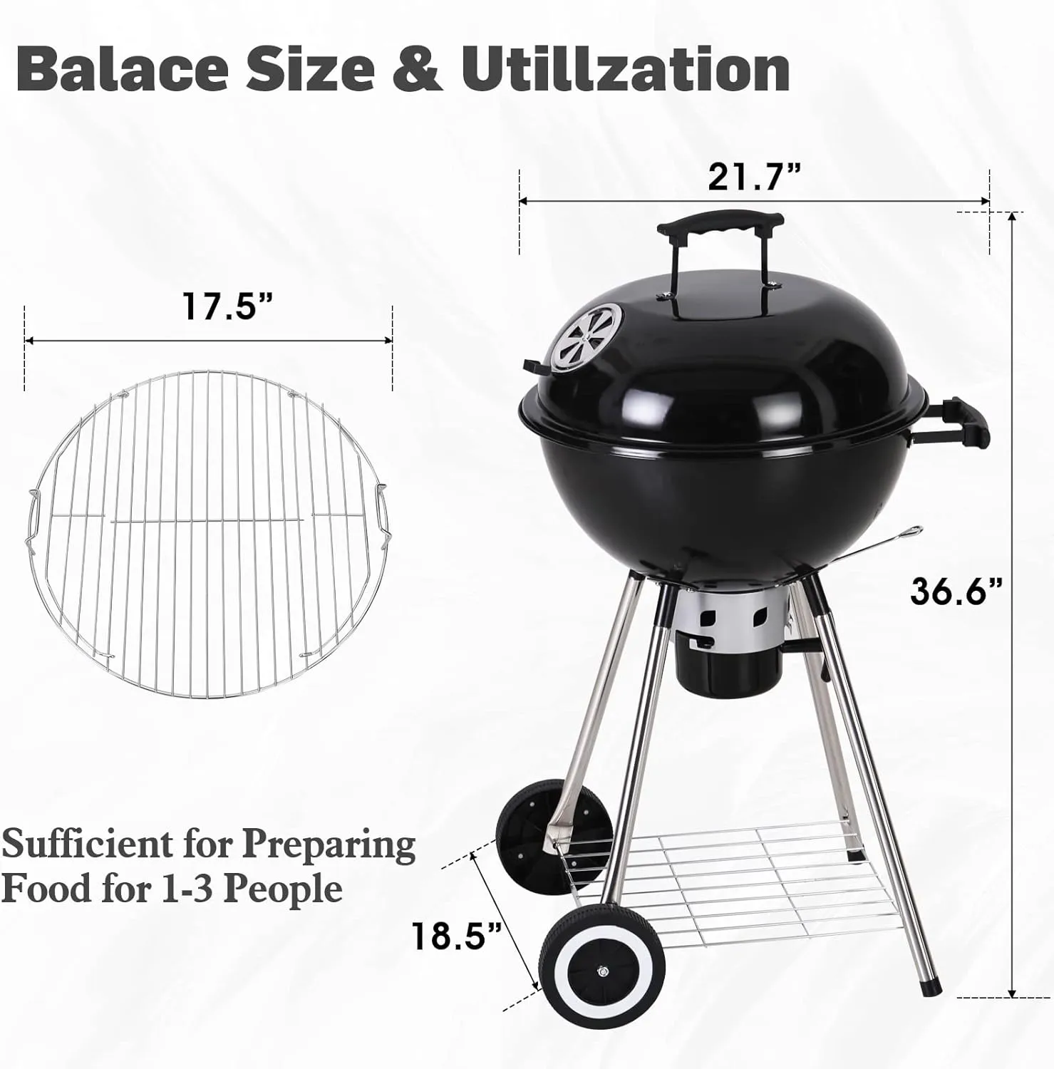 Sophia & William 18-inch Kettle Charcoal BBQ Grill with Porcelain-Enameled Lid and Bowl, Chromeplated Grate, Ash Catcher for Outdoor Picnic BBQ Patio Camping, Black