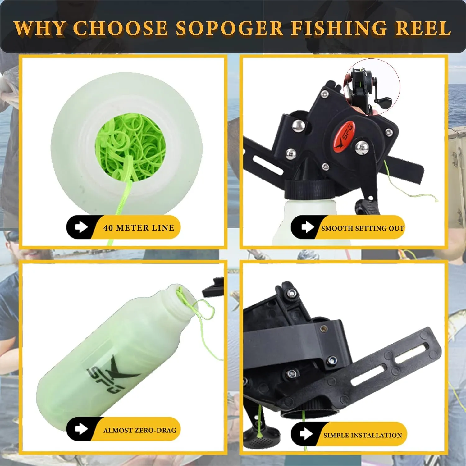 SOPOGER Bowfishing Reel for Recurve and Compound Bow, Bottle Style Bow Fishing Reel Kits with 40 Meters Smooth Dacron Line for Small and Big Fish