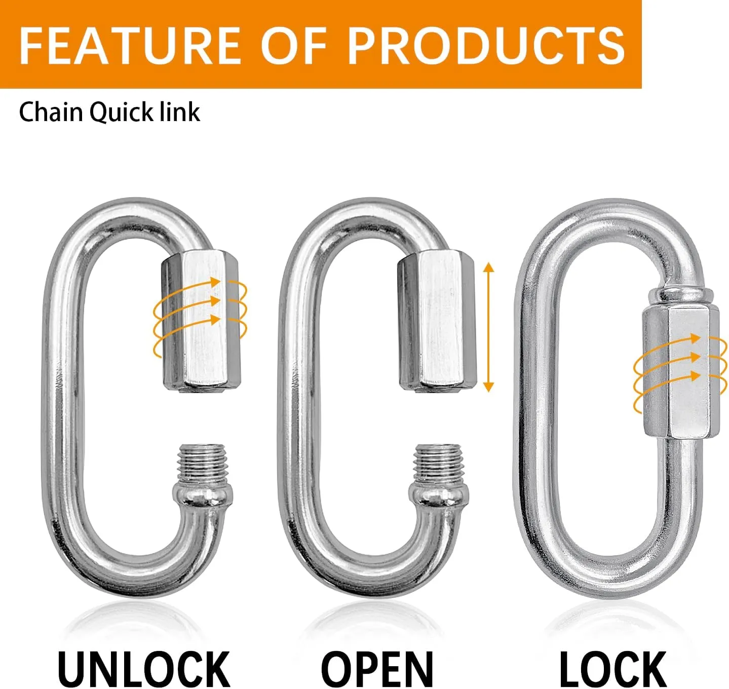 Stainless Steel Chain Links.D Shape Safety Chain Hook Locking Carabiner Clip for Pulling and Lifting.