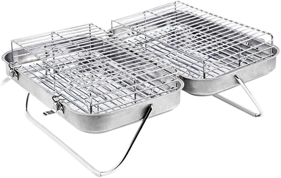 Stainless Steel Folding Barbecue Stove With Two Charcoal Stoves Outdoor Camping Barbecue Rack