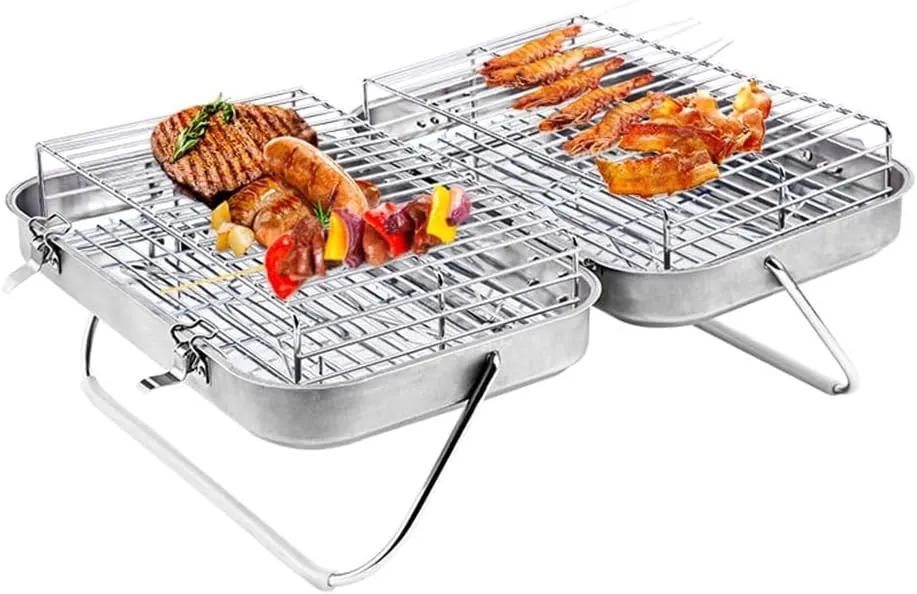 Stainless Steel Folding Barbecue Stove With Two Charcoal Stoves Outdoor Camping Barbecue Rack