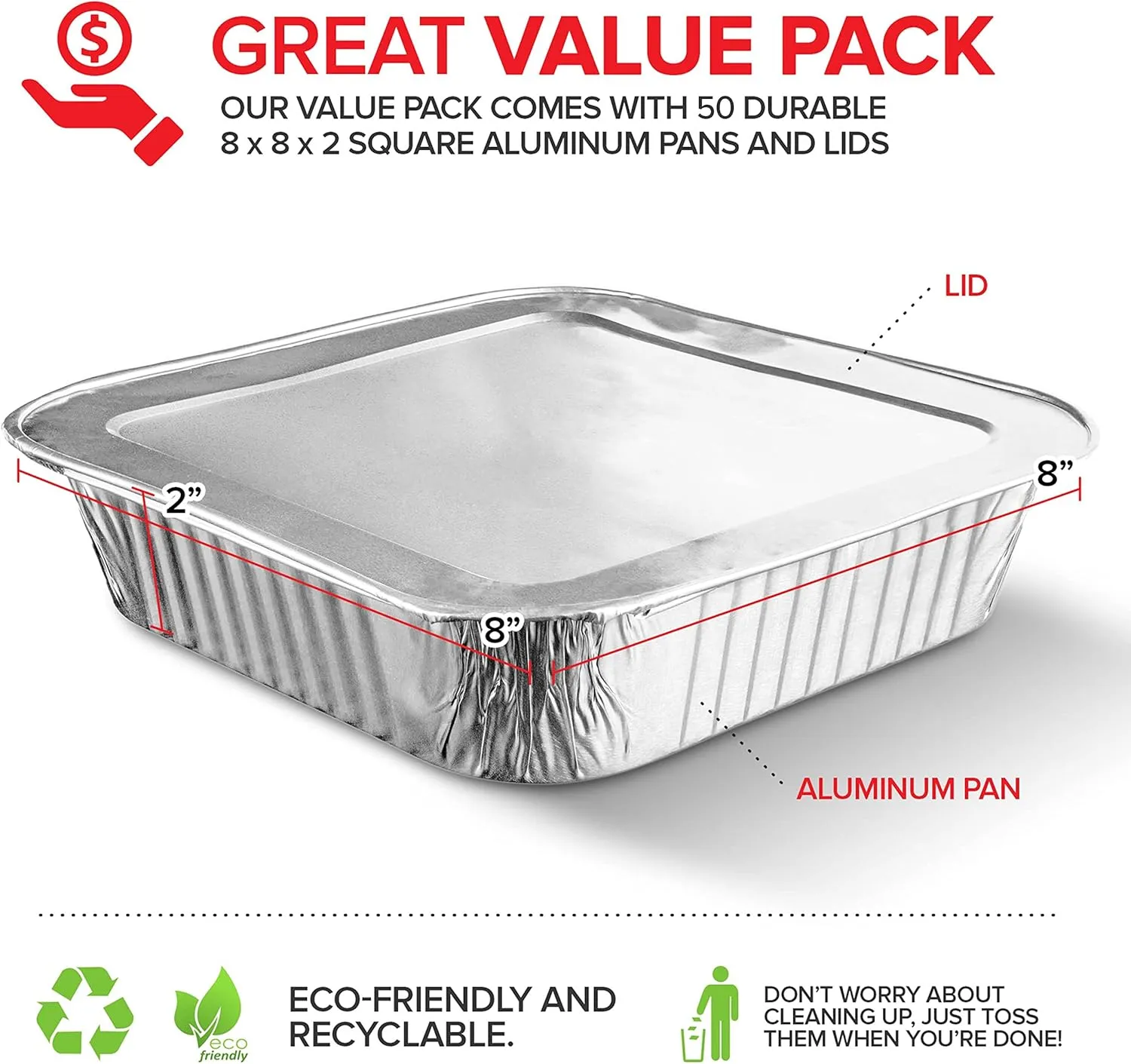 Stock Your Home 8" Square Cake Pans (50 Pack) - Disposable & Recyclable - Aluminum Baking Pans with Lids
