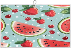 Strawberry Cherry Watermelon Golf Towel with Heavy Duty Carabiner Ultra Absorbent Quick Dry Perfect for Cleaning Clubs Balls Gear Essential Golf Accessory for Men Women Kids