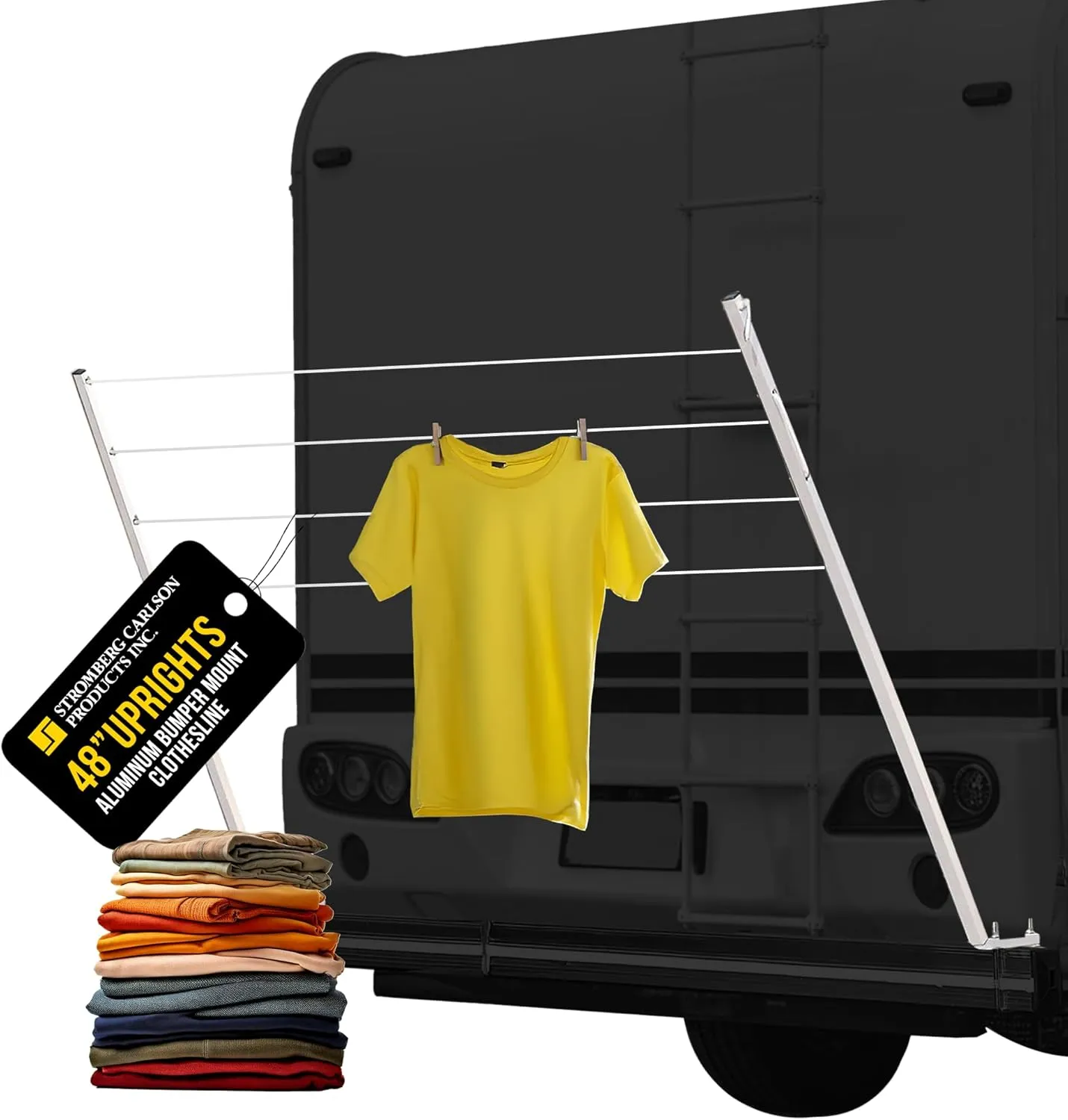 Stromberg Carlson CL-100 RV Bumper Mounted Clothesline - 48" Long Aluminum Foldable Laundry Drying Rack for Camping, Travel, & Outdoor Use, Removable Line for Wet Clothing - Fits 4" Square Bumpers