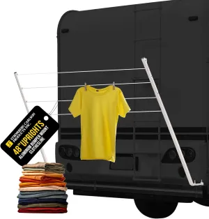Stromberg Carlson CL-100 RV Bumper Mounted Clothesline - 48" Long Aluminum Foldable Laundry Drying Rack for Camping, Travel, & Outdoor Use, Removable Line for Wet Clothing - Fits 4" Square Bumpers