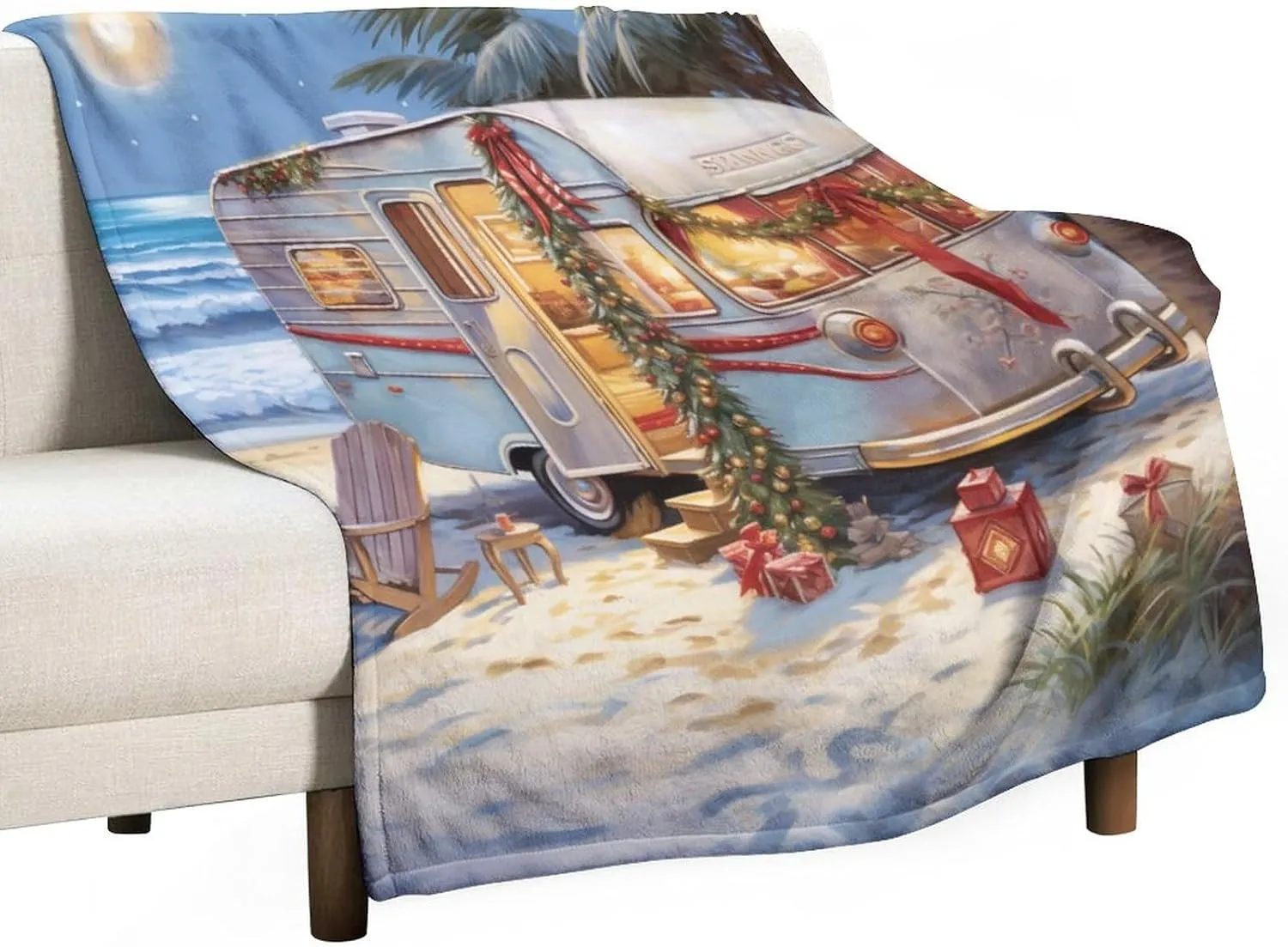 Summer Throw Blanket Camping Trailer Beach Holiday Christmas Print Flannel Cozy Warm Plush Lightweight Throw Blanket Camper Vintage Wood Blanket 40"x50" for Bed Couch Car for Adults And Children