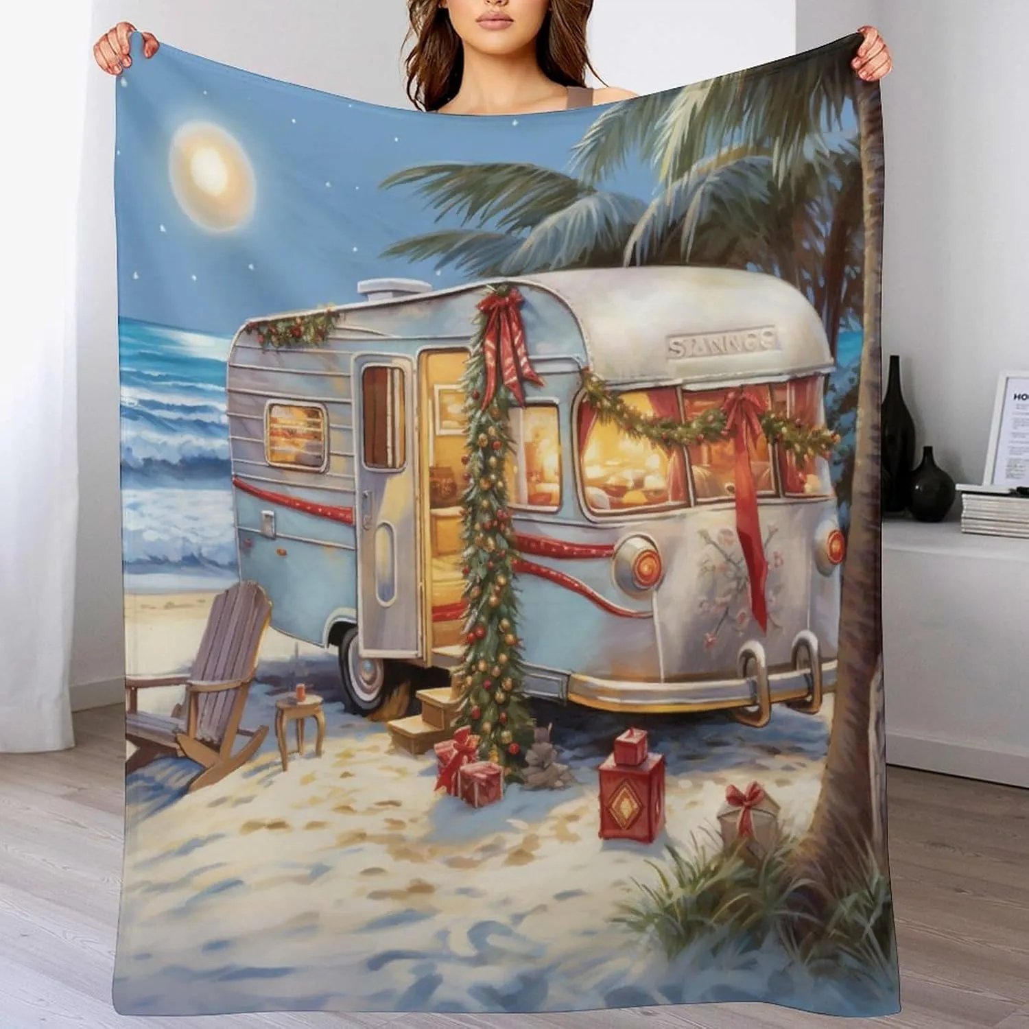 Summer Throw Blanket Camping Trailer Beach Holiday Christmas Print Flannel Cozy Warm Plush Lightweight Throw Blanket Camper Vintage Wood Blanket 40"x50" for Bed Couch Car for Adults And Children