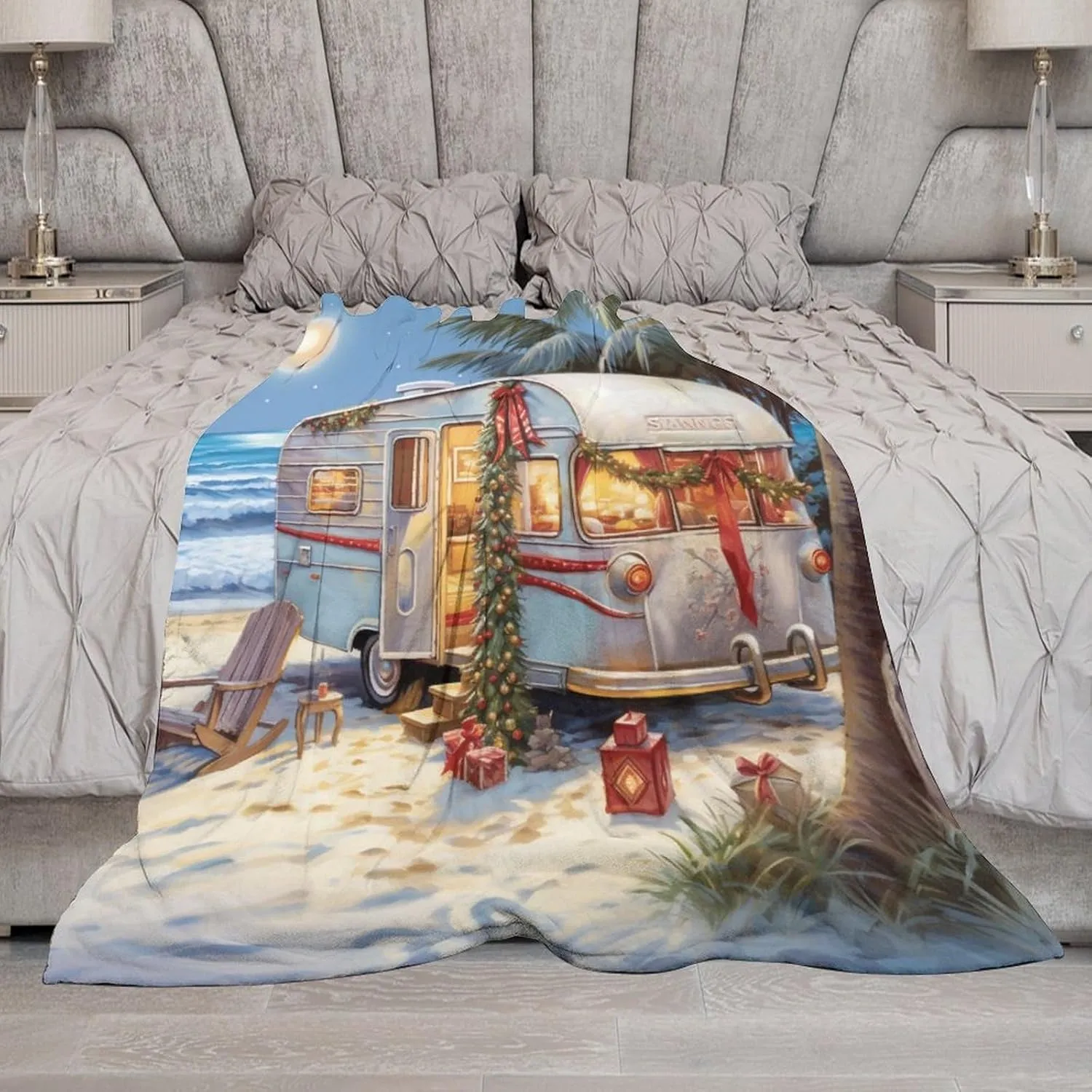 Summer Throw Blanket Camping Trailer Beach Holiday Christmas Print Flannel Cozy Warm Plush Lightweight Throw Blanket Camper Vintage Wood Blanket 40"x50" for Bed Couch Car for Adults And Children
