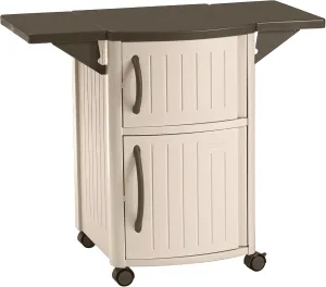 Suncast Outdoor Patio Grill Prep Station Cart with 2 Storage Cabinets, Light Taupe/Mocha