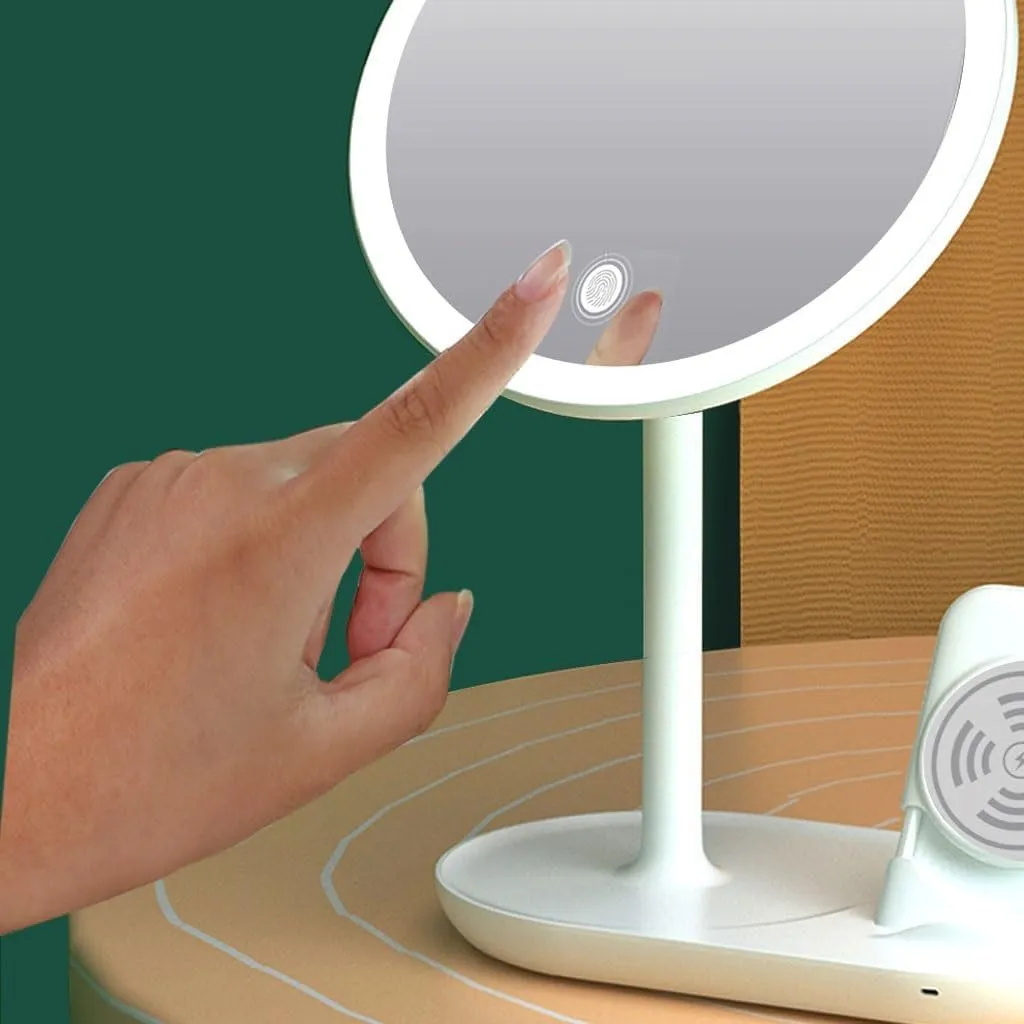 Table Desk Vanity Makeup Mirror Desktop Makeup Mirror with Light, Smart Dimming, Make-up Beauty Mirror, Wireless Charging Desktop Vanity Mirror Portable Small Cosmetic M (A 23*17.3*33.5cm)