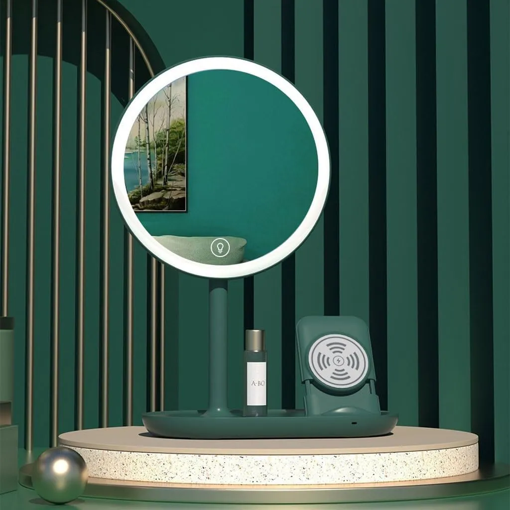 Table Desk Vanity Makeup Mirror Desktop Makeup Mirror with Light, Smart Dimming, Make-up Beauty Mirror, Wireless Charging Desktop Vanity Mirror Portable Small Cosmetic M (A 23*17.3*33.5cm)