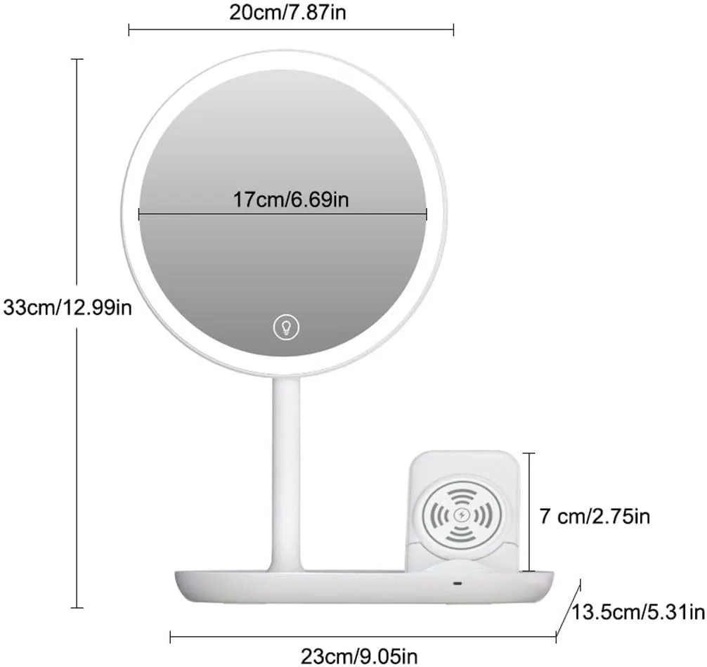 Table Desk Vanity Makeup Mirror Desktop Makeup Mirror with Light, Smart Dimming, Make-up Beauty Mirror, Wireless Charging Desktop Vanity Mirror Portable Small Cosmetic M (A 23*17.3*33.5cm)