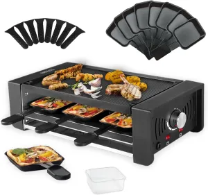 TAMARIT Raclette Party Grill Portable Indoor Electric Korean BBQ Grill 2 in 1 Raclette Table Grill with Ceramic Nonstick Coating Grill Plate 4 Pizza Pans 8 Cheese Trays Upper & Lower Heater,PFAS-No