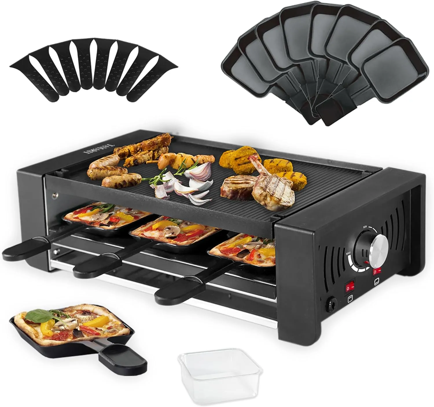 TAMARIT Raclette Party Grill Portable Indoor Electric Korean BBQ Grill 2 in 1 Raclette Table Grill with Ceramic Nonstick Coating Grill Plate 4 Pizza Pans 8 Cheese Trays Upper & Lower Heater,PFAS-No