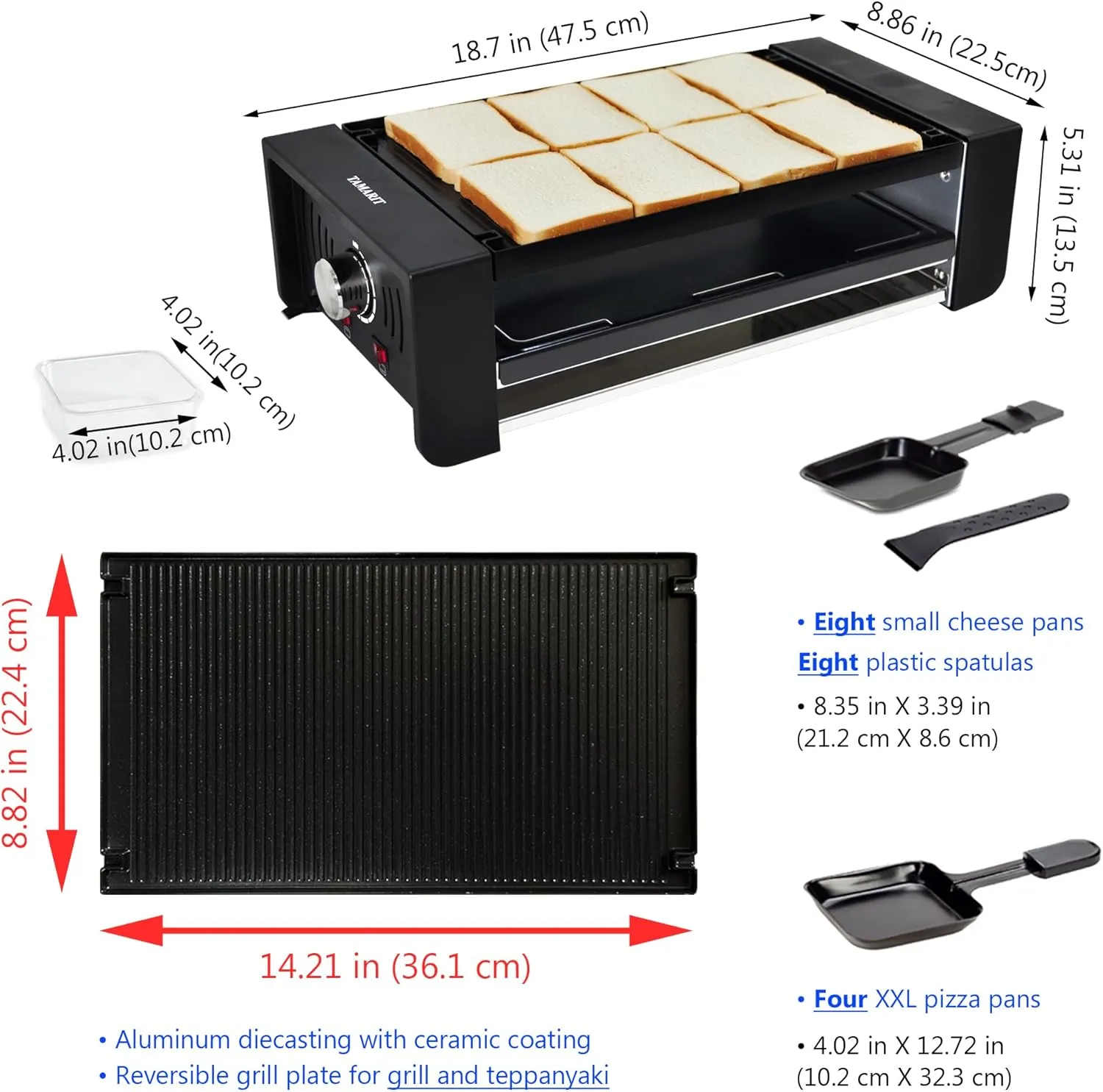 TAMARIT Raclette Party Grill Portable Indoor Electric Korean BBQ Grill 2 in 1 Raclette Table Grill with Ceramic Nonstick Coating Grill Plate 4 Pizza Pans 8 Cheese Trays Upper & Lower Heater,PFAS-No