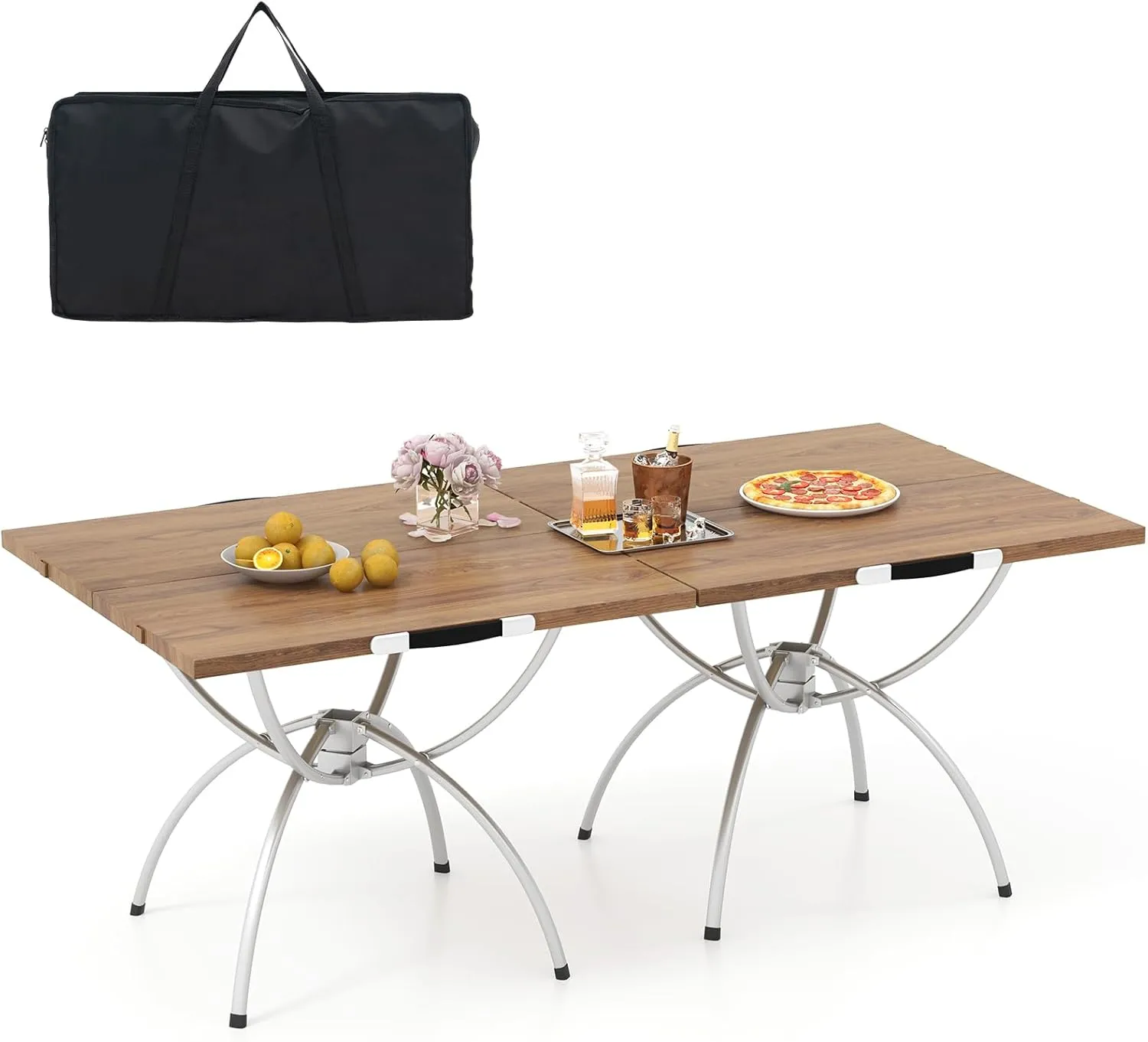 Tangkula 24"x24" Folding Camping Table Set of 2, Extendable Lightweight Camp Table with Wood-Grain Tabletop, Aluminum Frame, Carrying Bag, Portable Outdoor Beach Table for Hiking, Fishing, BBQ, Party