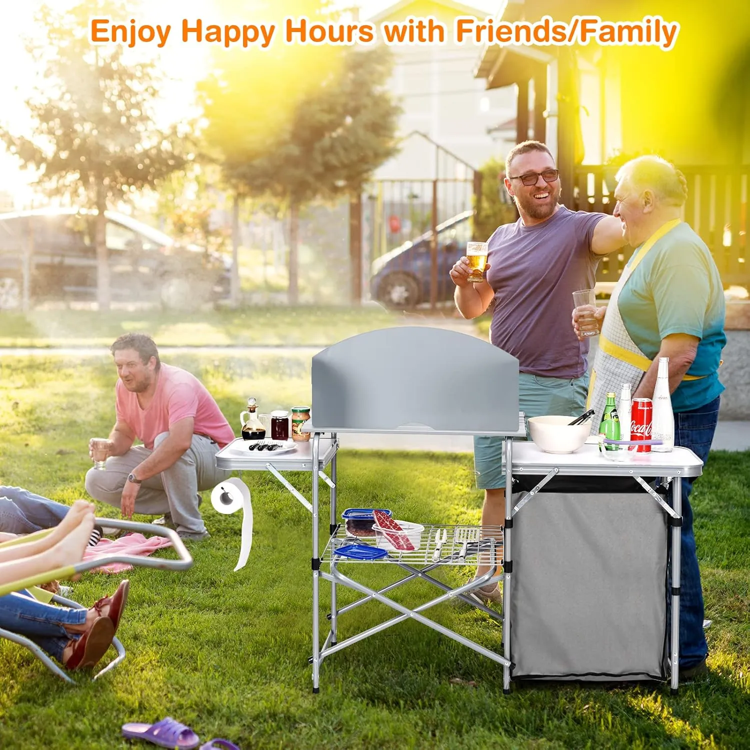 Tangkula Folding Camping Kitchen Table, Aluminum Portable Camping Grill Table with Windscreen, Cook Station, Outdoor Quick Set-up Camp Cook Table with Storage Organizer Shelves, Carry Bag