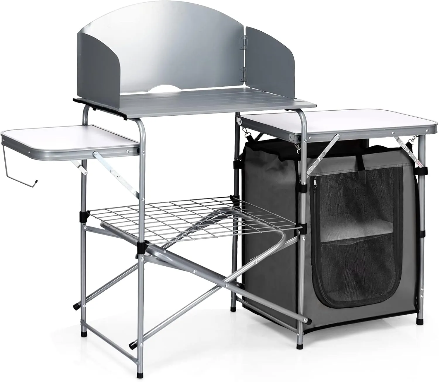 Tangkula Folding Camping Kitchen Table, Aluminum Portable Camping Grill Table with Windscreen, Cook Station, Outdoor Quick Set-up Camp Cook Table with Storage Organizer Shelves, Carry Bag