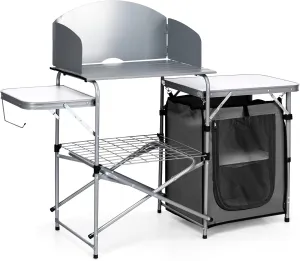Tangkula Folding Camping Kitchen Table, Aluminum Portable Camping Grill Table with Windscreen, Cook Station, Outdoor Quick Set-up Camp Cook Table with Storage Organizer Shelves, Carry Bag