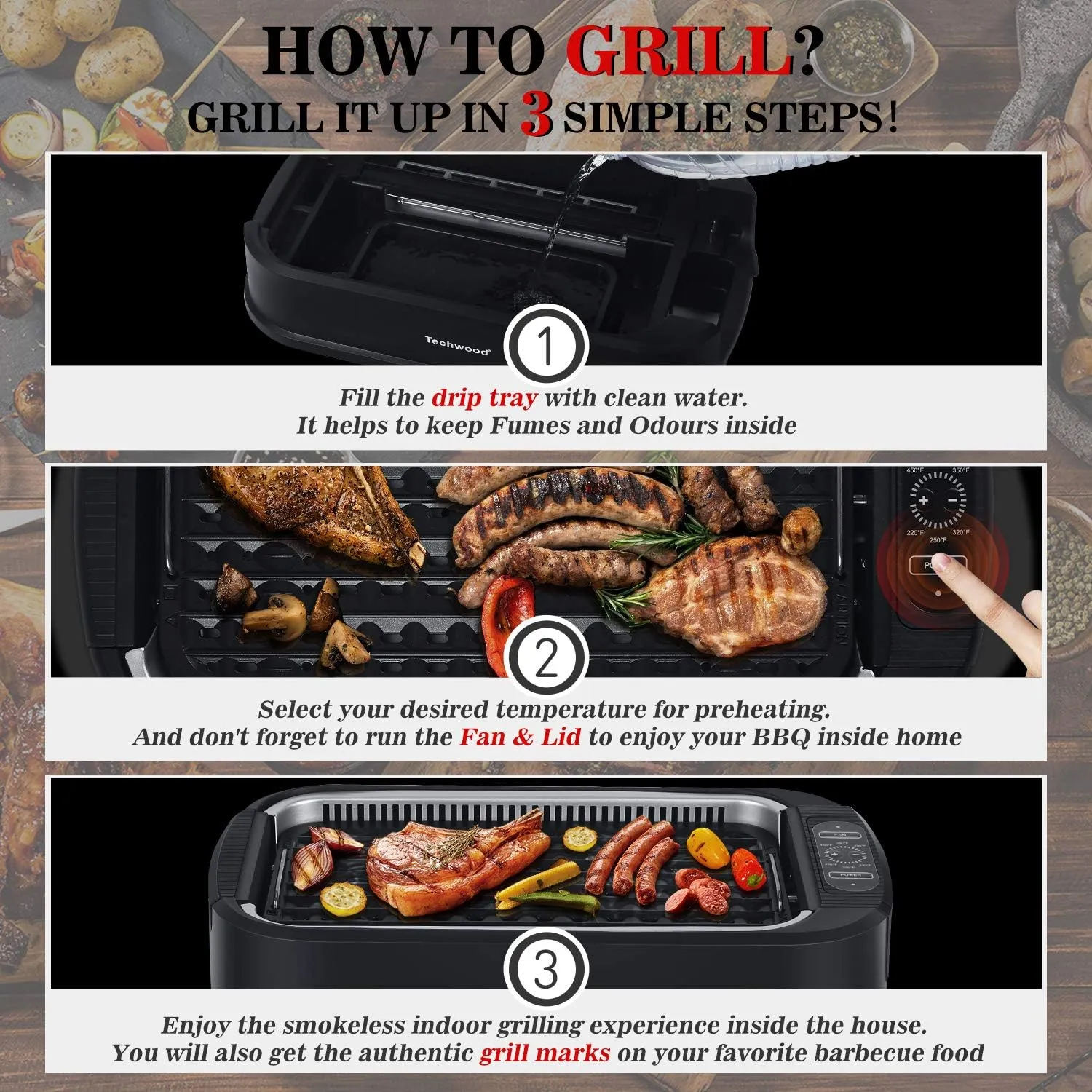 Techwood 1500W Smokeless Indoor Electric Grill with Non-Stick Plates and Tempered Glass Lid - Korean Grill with Temperature Control