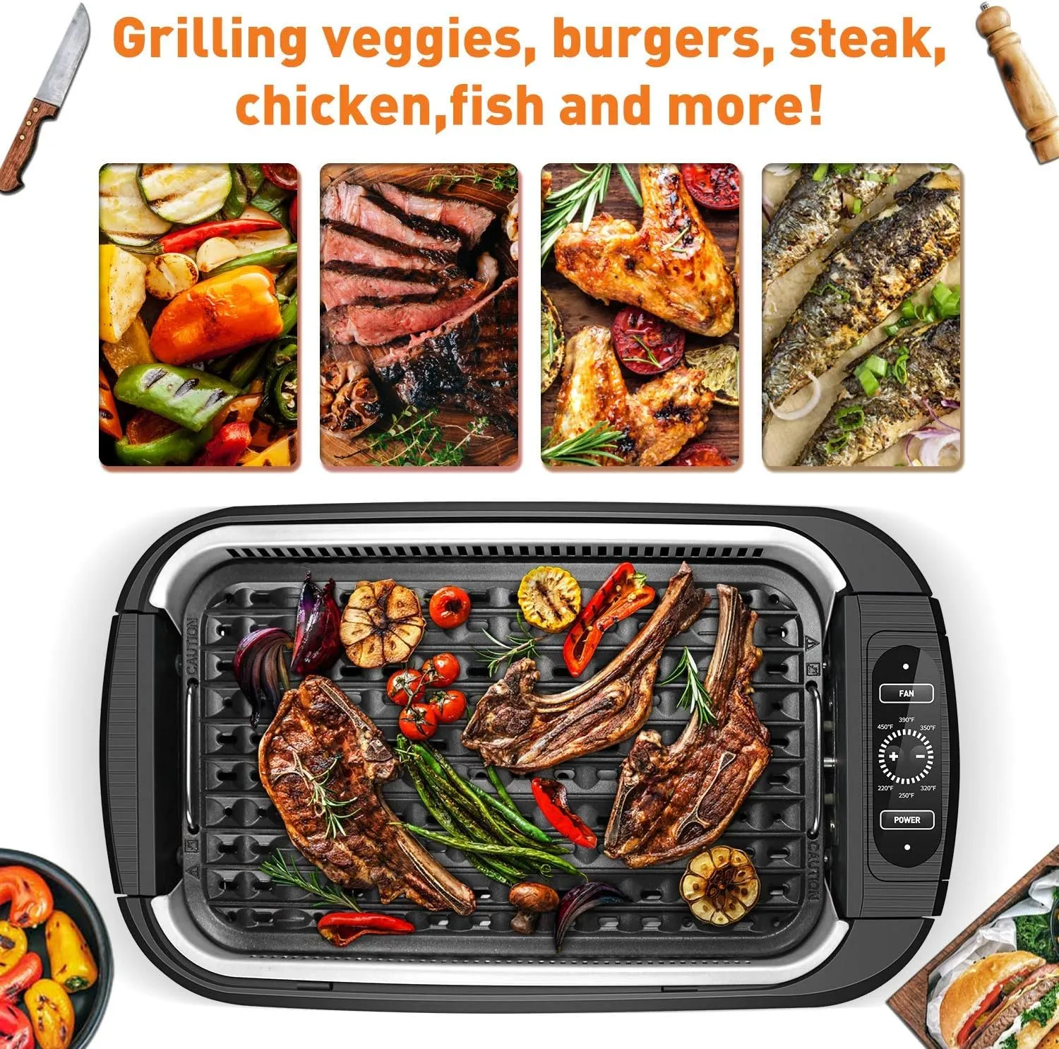 Techwood 1500W Smokeless Indoor Electric Grill with Non-Stick Plates and Tempered Glass Lid - Korean Grill with Temperature Control