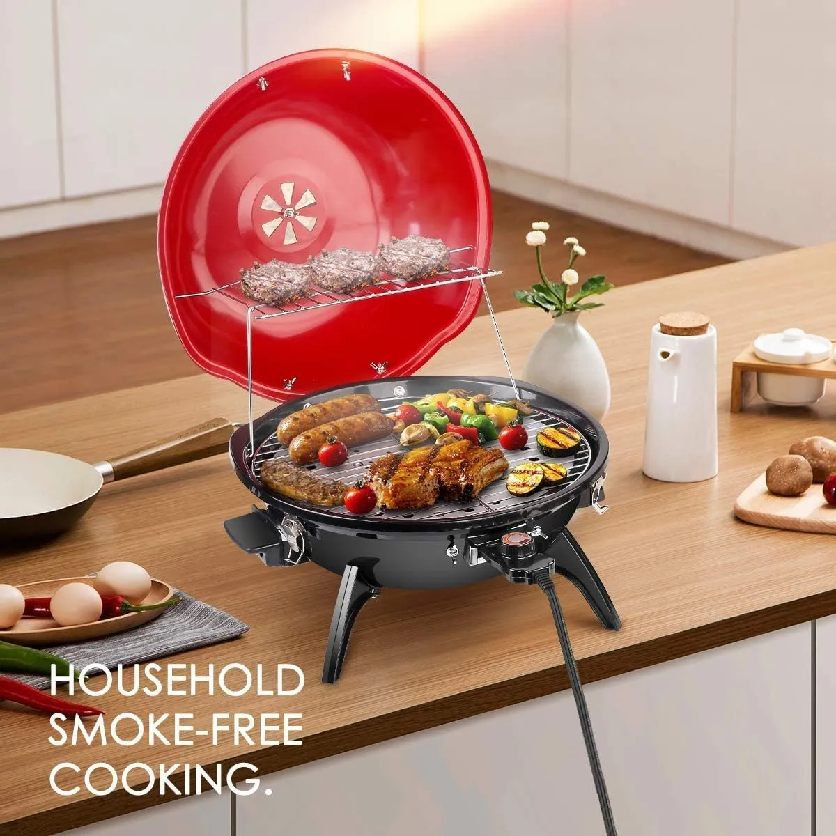 Techwood 1600W Indoor Outdoor Electric Grill, Electric BBQ Grill, Portable Removable Grill (Red, Tabletop grill)
