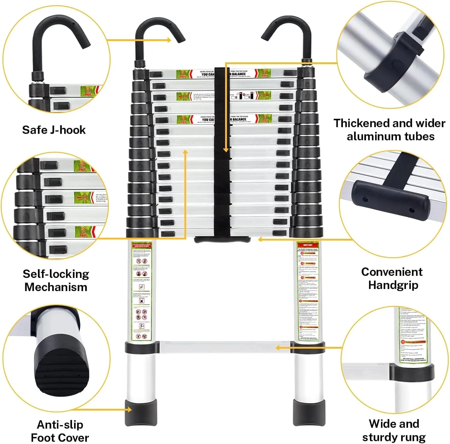 Telescopic Ladder, 20.34FT Aluminum Telescoping Ladder with Stable Hook and Non-Slip Feet, RIKADE Portable Extension Ladder for Household and Outdoor Working, 330lb Capacity