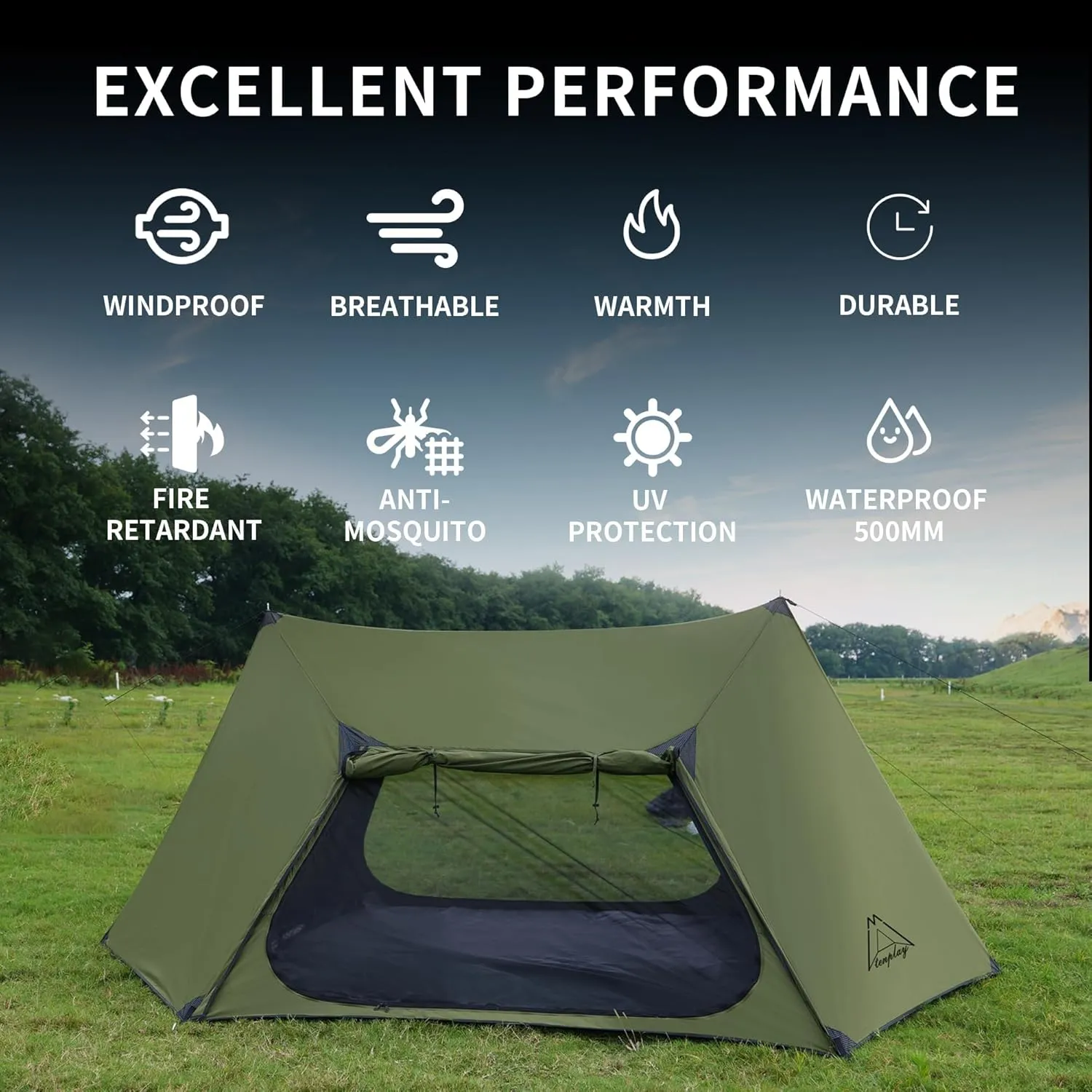 TENPLAY 210gsm TC Canvas Shelter,Waterproof 500mm,Camping Tent,1-2Person Backpacking Tent,Double Door&Window,Stove Jack,Fire-Retardant&Windproof,Portable,Easy Setup,4Season for Family Camping,Hiking