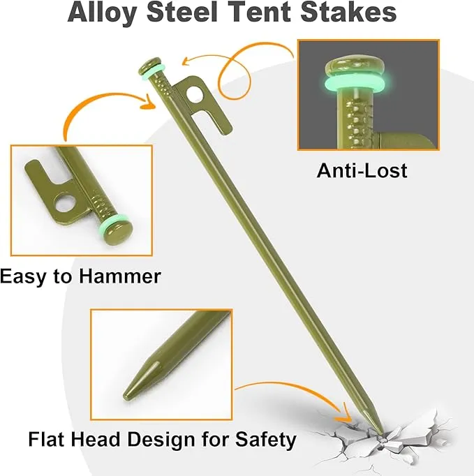 Tent Stakes and Hammer Set,10pcs 10 in Heavy Duty Metal Tent Stakes   12in Camping Hammer   Reflective Camping Rope   Storage Bag,Camping Accessories for Ground,Camp and Graden(ArmyGreen)
