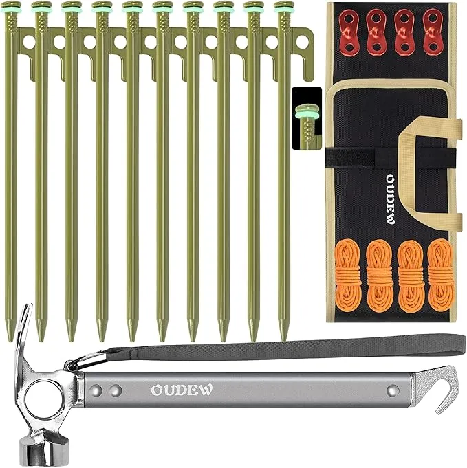 Tent Stakes and Hammer Set,10pcs 10 in Heavy Duty Metal Tent Stakes   12in Camping Hammer   Reflective Camping Rope   Storage Bag,Camping Accessories for Ground,Camp and Graden(ArmyGreen)