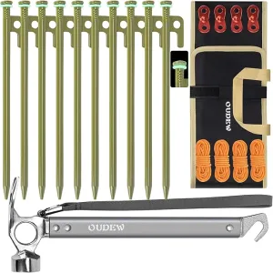 Tent Stakes and Hammer Set,10pcs 10 in Heavy Duty Metal Tent Stakes   12in Camping Hammer   Reflective Camping Rope   Storage Bag,Camping Accessories for Ground,Camp and Graden(ArmyGreen)