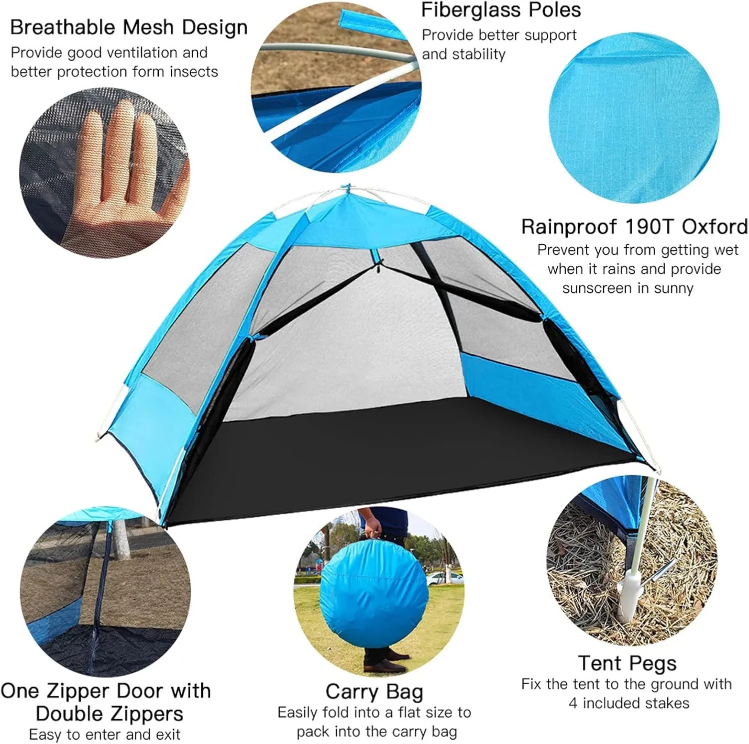 Tent Ultralight Pop-up Camping Tent Outdoor Mesh Tent Beach Leisure Net for 2 Person (Blue One Size)