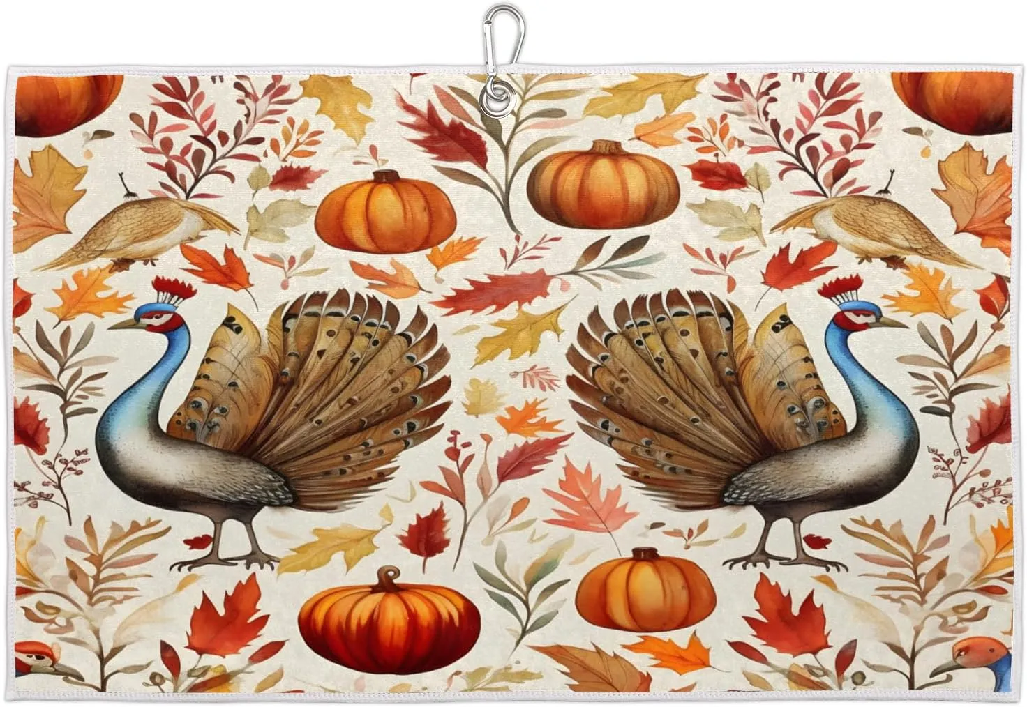 Thanksgiving Pumpkin Leaf Turkey Golf Towel with Heavy Duty Carabiner Clip Quick Dry Ultra Absorbent Club Ball Cleaning Towel Golf Accessories for Men Women