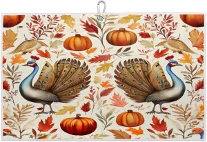 Thanksgiving Pumpkin Leaf Turkey Golf Towel with Heavy Duty Carabiner Clip Quick Dry Ultra Absorbent Club Ball Cleaning Towel Golf Accessories for Men Women