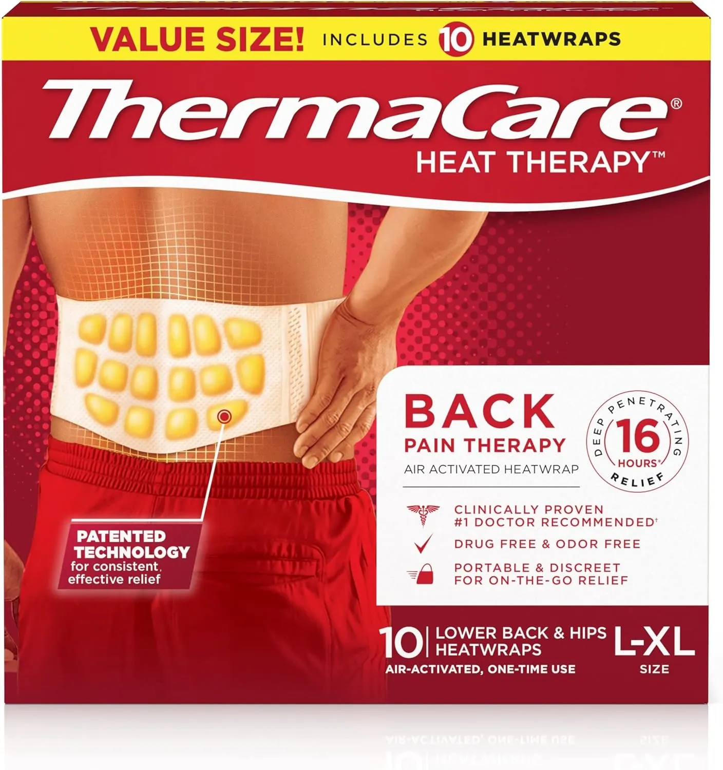 ThermaCare Advanced Back & Hip Therapy Adhesive HeatWraps, Disposable Heat Therapy Patches, Heat Pads for Instant Muscle & Herniated Disc Pain Relief, HSA/FSA Eligible & Approved, L/XL, 10 Count