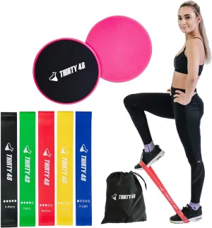 Thirty48 Gliding Discs Core Sliders and 5 Exercise Resistance Bands | Strength, Stability, and Training for Home, Gym, Travel | User Guide & Carry Bag