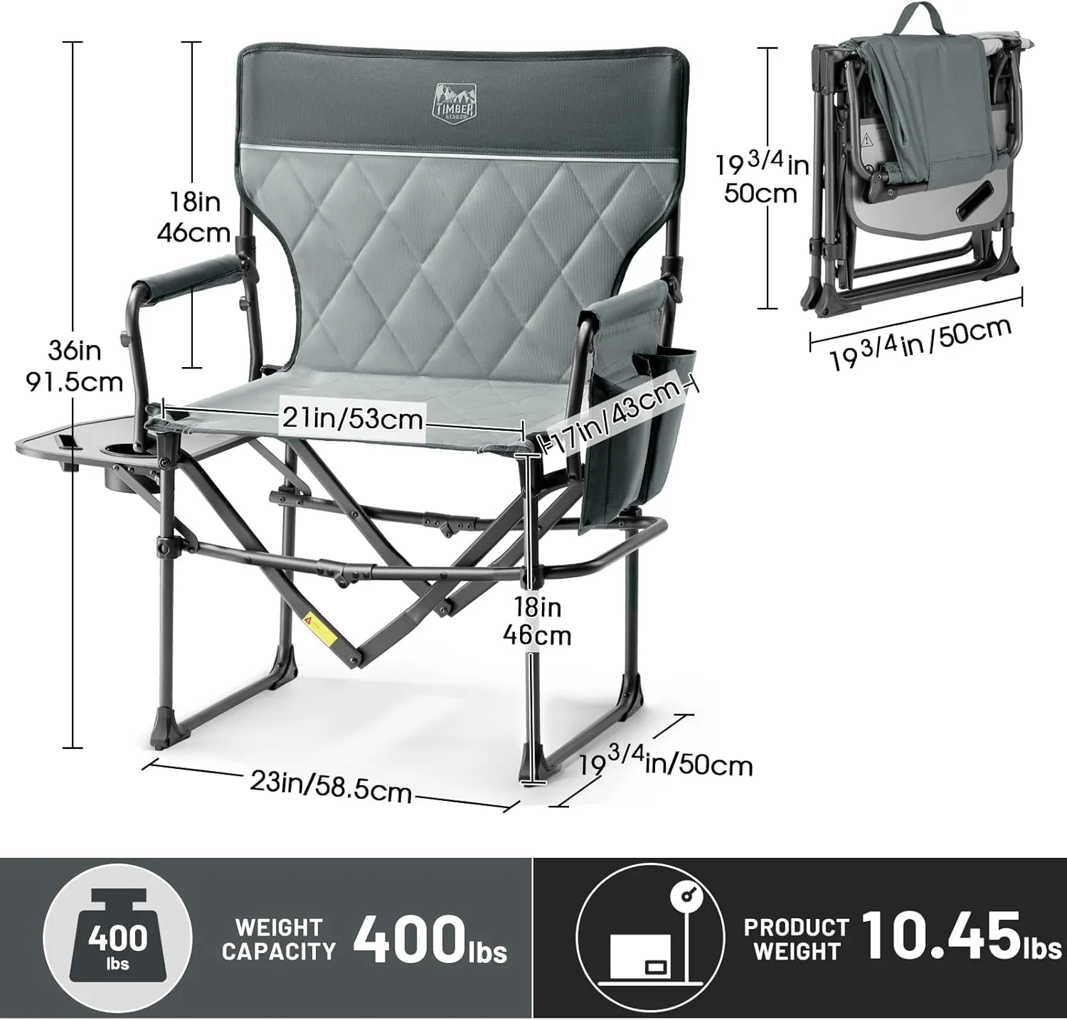 TIMBER RIDGE 2 Pack Camping Directors Chair with Side Table Pocket, Portable Folding Heavy Duty Lawn Chair for Fishing Trip Picnic Concert Outdoor 400lbs, Grey