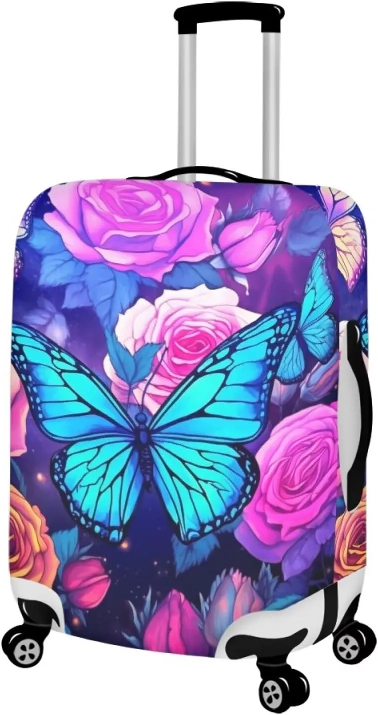 TODIYADDU Blue Butterfly Flowers Rose Elastic Luggage Protective Covers for 18-32 inch Trolley Suitcase Protect Dust Bag Case Trendy Portable Travel Accessories Anti-Scratch Luggage Outerwear, L