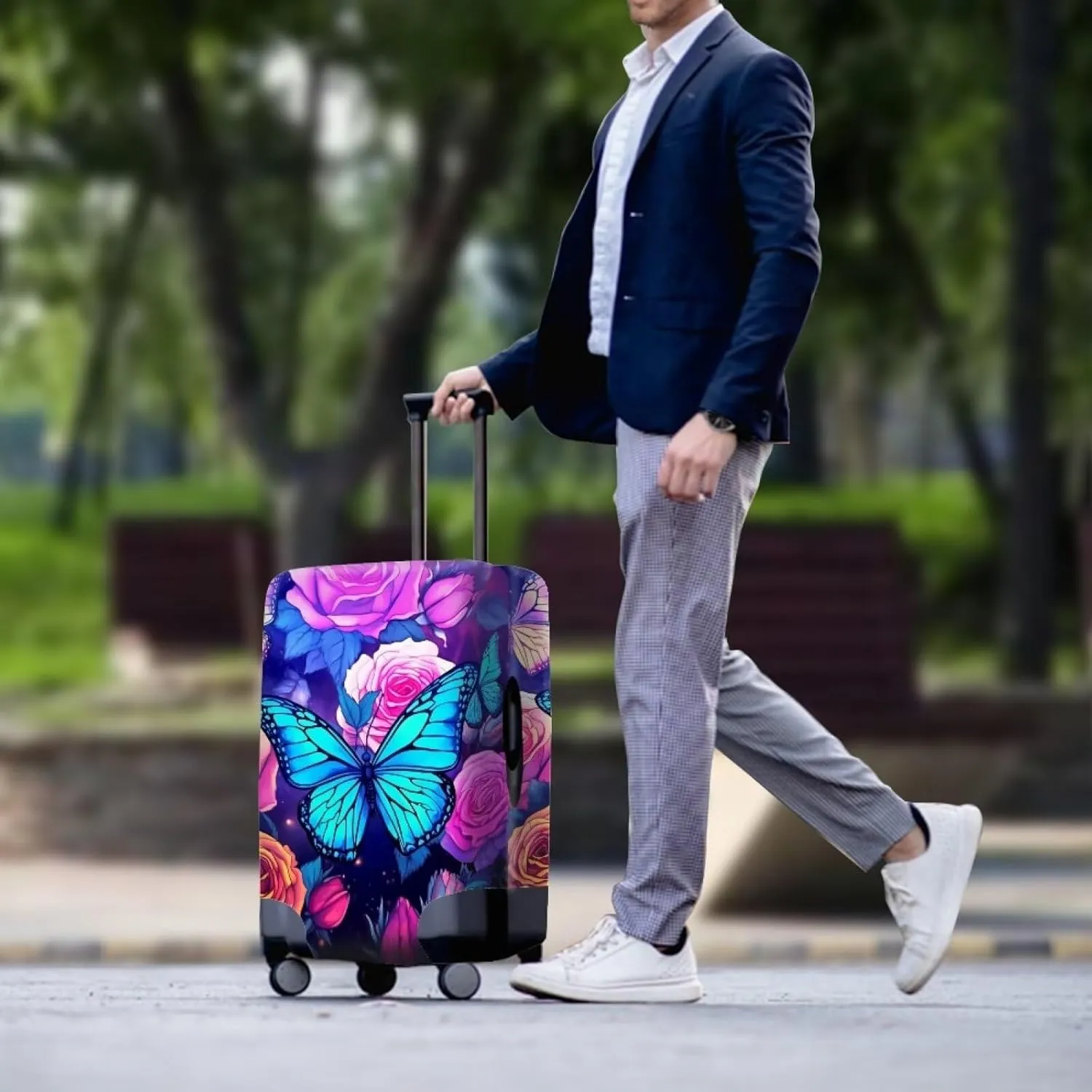 TODIYADDU Blue Butterfly Flowers Rose Elastic Luggage Protective Covers for 18-32 inch Trolley Suitcase Protect Dust Bag Case Trendy Portable Travel Accessories Anti-Scratch Luggage Outerwear, L