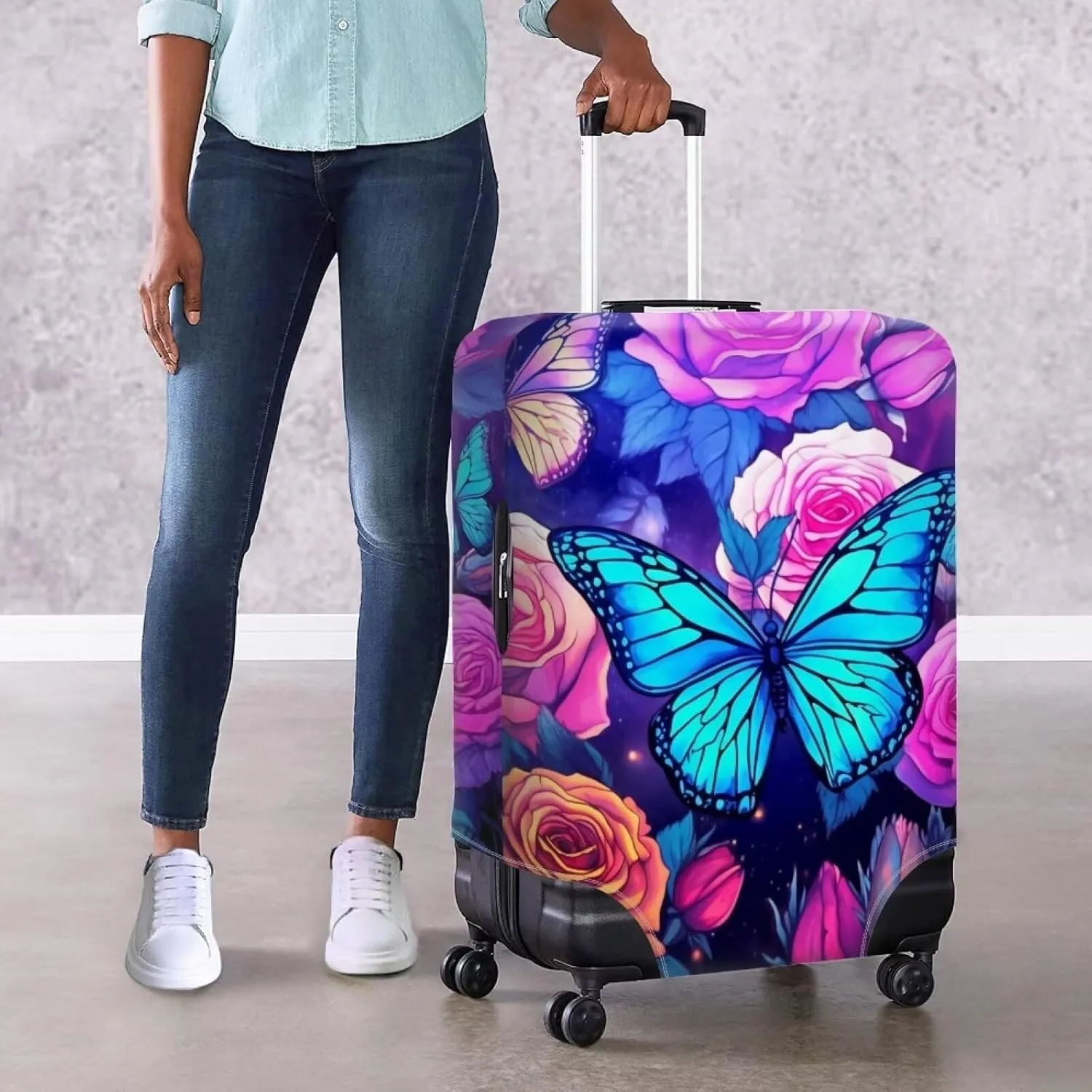 TODIYADDU Blue Butterfly Flowers Rose Elastic Luggage Protective Covers for 18-32 inch Trolley Suitcase Protect Dust Bag Case Trendy Portable Travel Accessories Anti-Scratch Luggage Outerwear, L