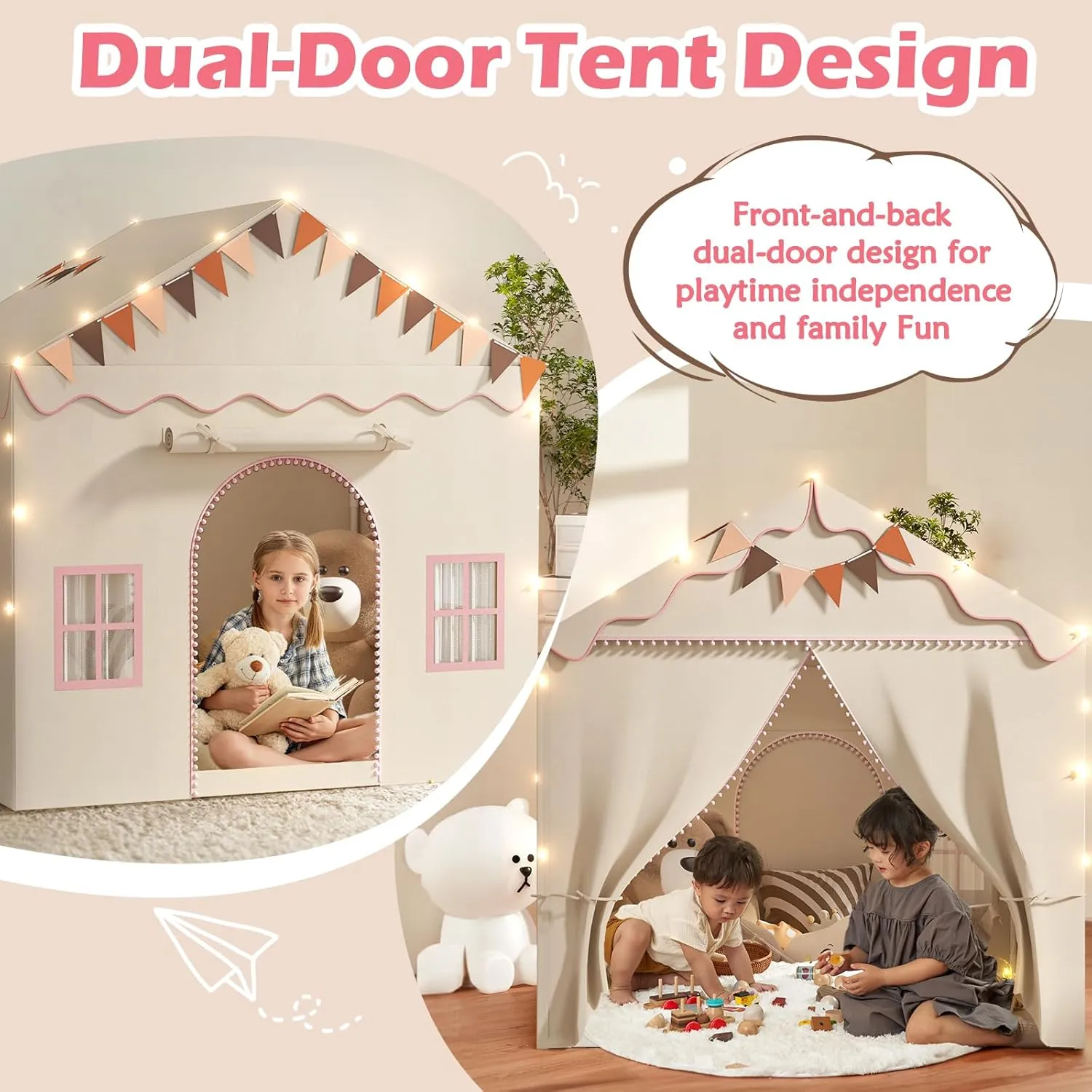 Treestone 2 Doors Kids Play Tent with Padded Mat & Light, Large Tent for Toddler with 4 Windows,Kids Playhouse Outdoor & Indoor, Toy Gift, 51" x 39" x 53"