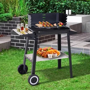 Trolley Charcoal BBQ Grill with Side Trays and Wheels
