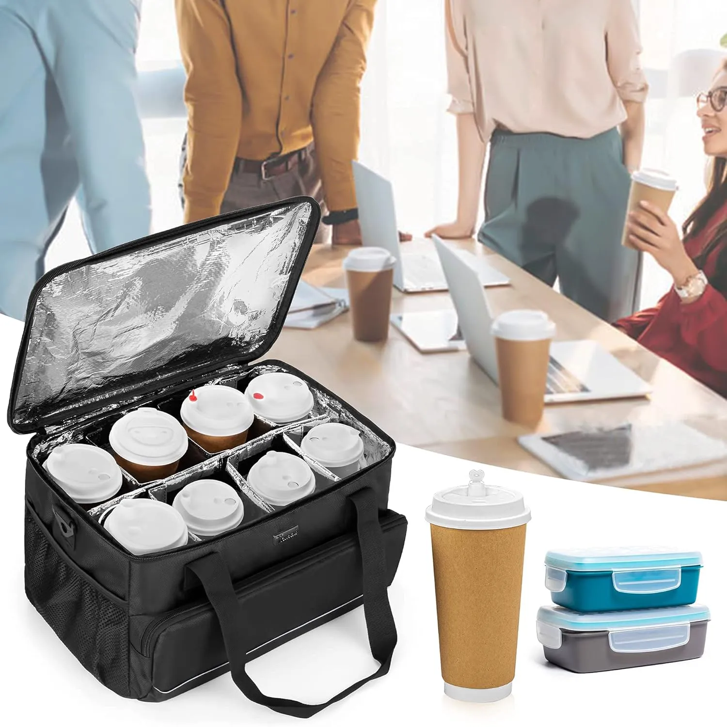 Trunab Reusable 8 Cups Drink Carrier for Delivery with Adjustable Dividers, Handle with Carrying Strap Tote Holder Insulated Bag for Beverages,Food Take Out,Outdoors